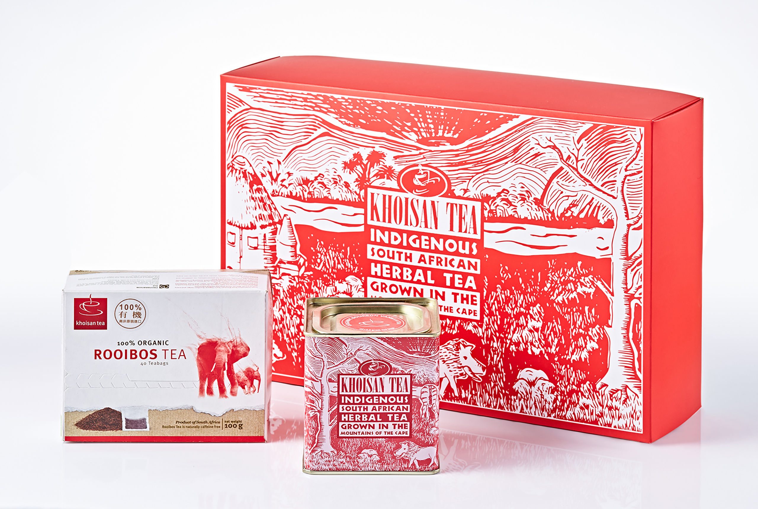 科伊桑 Khoisan Tea／包裝設計／有機博士茶／以紅色寫實構圖呈現鮮明產品形象 Khoisan Tea／Packaging Design／Organic Rooibos Tea／A vivid red composition creating a distinctive product presence